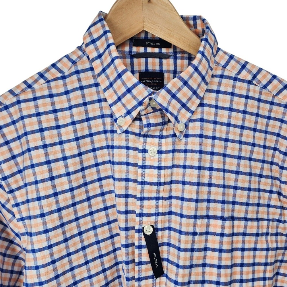 Dockers Battery Street Collection Mens L Blue Orange Plaid Stretch Button‎ Down
